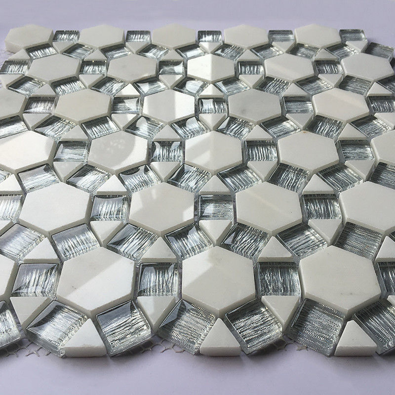 Wall Backsplash Beveled Glass Mosaic Tiles White Marble Mixed 300 X 300