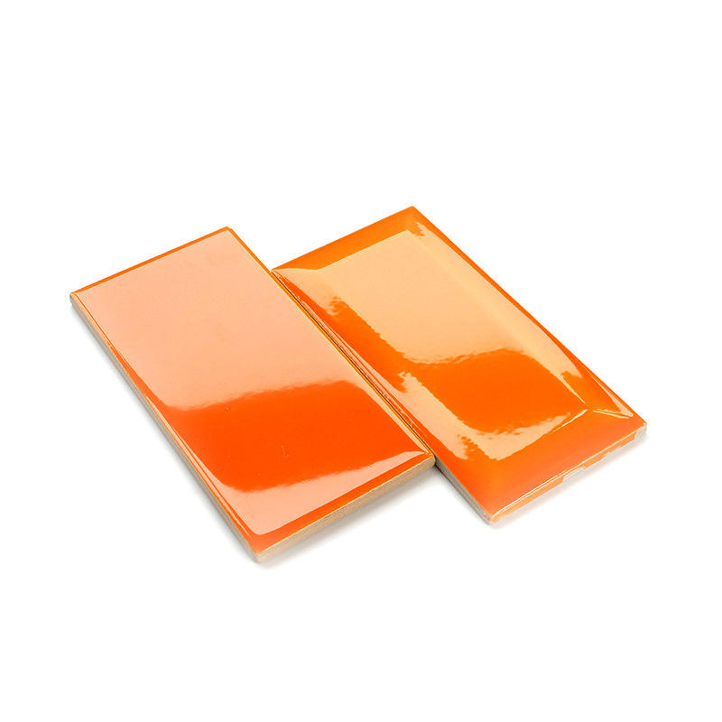 Orange Glossy Beveled Ceramic Subway Tile Antibacterial For Interior Wall